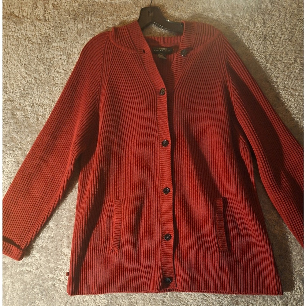 Vintage Lauren Ralph Lauren Red Heavy Knit Cardigan Sweater 44" Hooded Casual